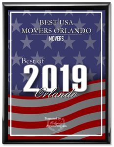Award for being best moving company in Orlando area for 2019