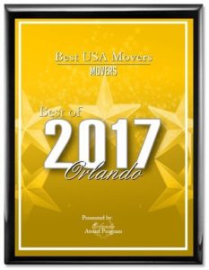 Award for being best moving company in Orlando area for 2017