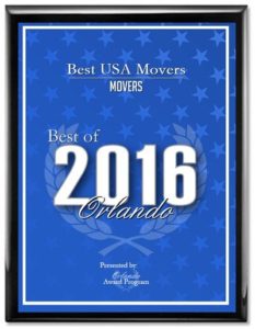 Award for being best moving company in Orlando area for 2016